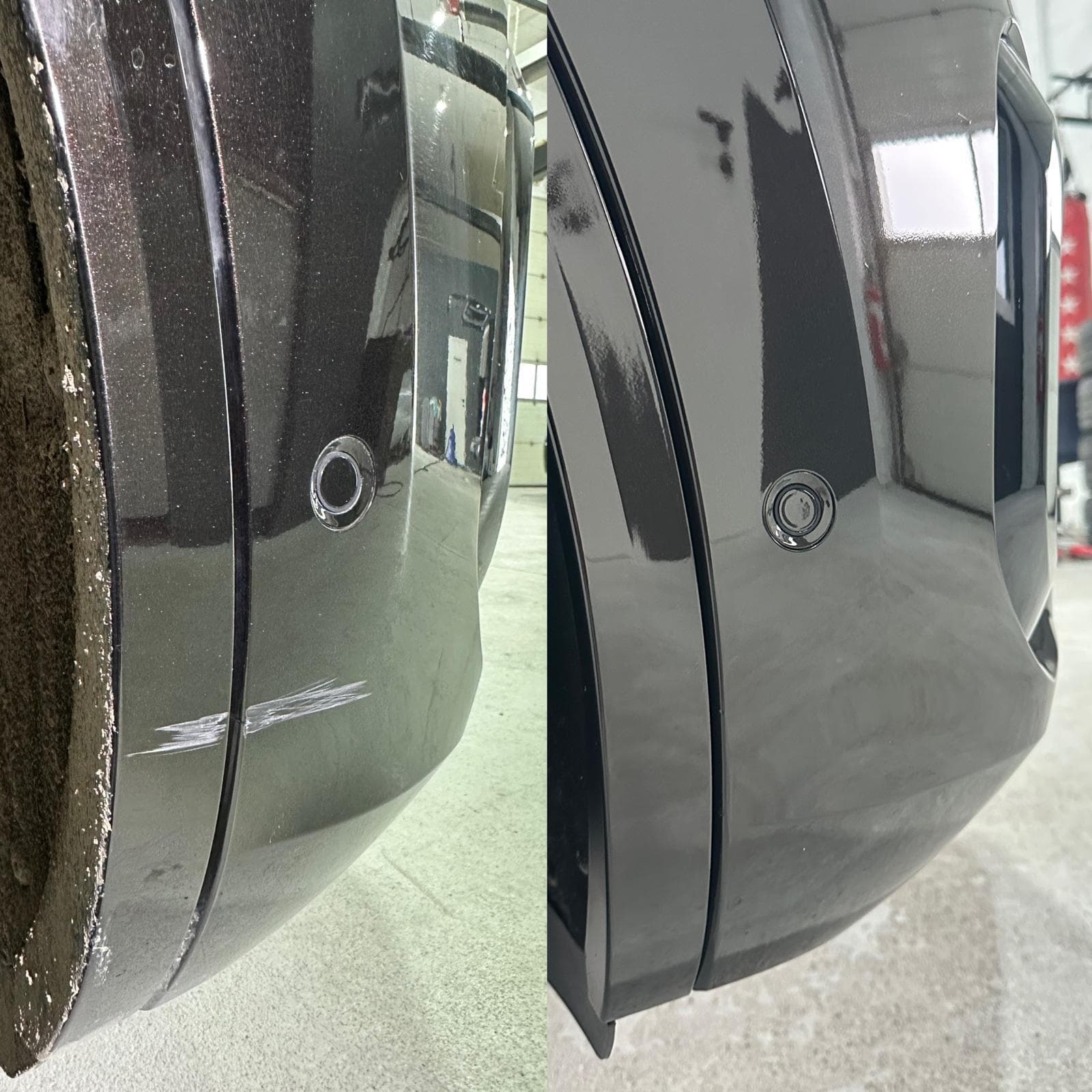 Smart Repair im Vergleich: beschädigte Kante links, fertig bearbeitete Fläche rechts